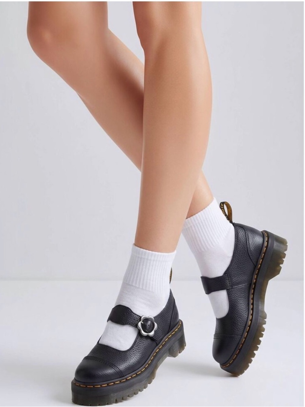 Dr. Martens Black Leather Mary Jane Platform with Yellow Stitching - Picture 3 of 7